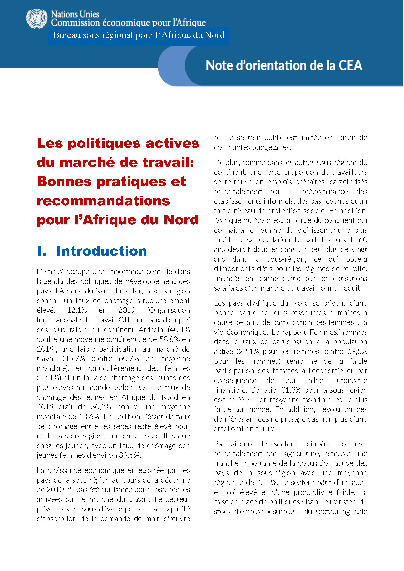 Policy Brief - Les politiques actives du marché de travail Bonnes pratiques et recommandations pour l’Afrique du Nord
